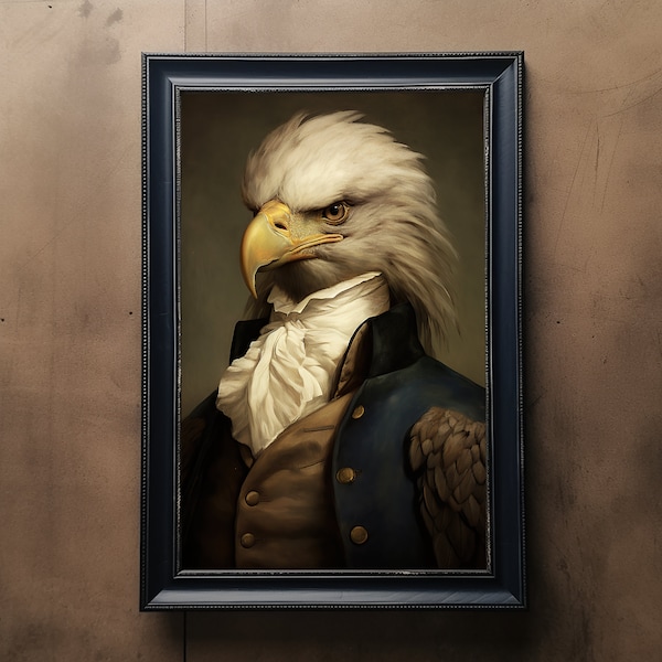 American Eagle Vintage Portrait, Pet Painting, Renaissance Animal Portrait, Animal Head, Human Body, Eagle Poster, Digital Art Print