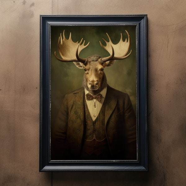 Moose Vintage Portrait, Pet Painting, Clothed Animal Portrait, Animal Head, Human Body, Funny Poster, Digital Art Print, Animal in Clothes