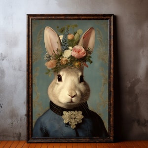 Rabbit Vintage Portrait Pet Painting, Renaissance Animal Portrait, Animal Head, Human Body Funny Poster, Digital Art Print, Country Flowers.