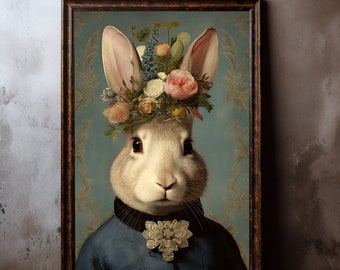 Rabbit Vintage Portrait Pet Painting, Renaissance Animal Portrait, Animal Head, Human Body Funny Poster, Digital Art Print, Country Flowers.