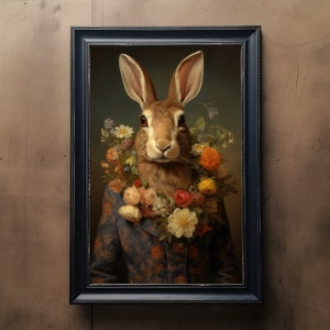 Hase Vintage Portrait mit Blumen, Haustier Malerei, Renaissance Tier Portrait, Tierkopf, Menschlicher Körper Lustiges Poster, Digital Art Print
