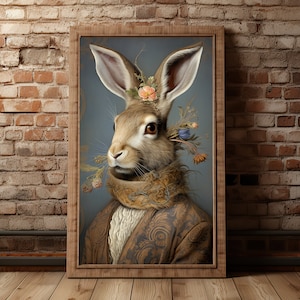 Hase Vintage Portrait Haustier Malerei, Renaissance Tierportrait, Tierkopf, menschlicher Körper lustige Poster, Digital Art Print, Country Blumen.