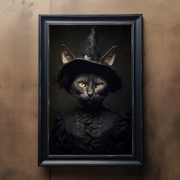 Black Cat Witch Vintage Gothic Portrait, Pet Painting, Gothic Animal Portrait, Animal Head, Human Body Funny Cat Poster, Halloween Cat Print