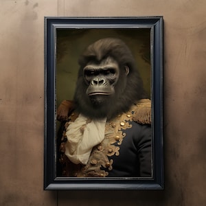 Retrato vintage de gorila, pintura de simios, retrato de animal renacentista, cabeza de animal, cartel de gorila divertido del cuerpo humano, impresión de arte digital