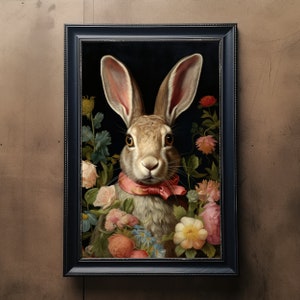 Hare Vintage Portrait with Flowers, Pet Painting, Animal Portrait, Animal Head, Human Body Funny Hare Poster, Digital Art, Valentine Gift