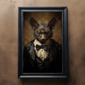 Gothic Bat Vintage Portrait, Pet Painting, Vintage Animal Portrait, Animal Head, Human Body Funny Bat Poster, Halloween Digital Art Print
