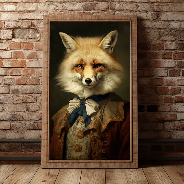 Fox Vintage Portrait, Royal Pet Painting, Renaissance Animal Portrait, Animal Head Human Body Animal Funny Poster, Digital Art Print