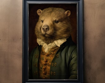 Wombat Vintage Portrait Pet Painting, Animal Head, Human Body Funny Poster, Digital Art Print, Australian Animal, Animal in Clothes.