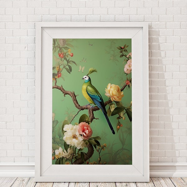 Bird, Chinoiserie, Digital Download, Green, Home Decor, Gift, Bird Lover, Wall Art, Printable Poster, Flower Digital Art
