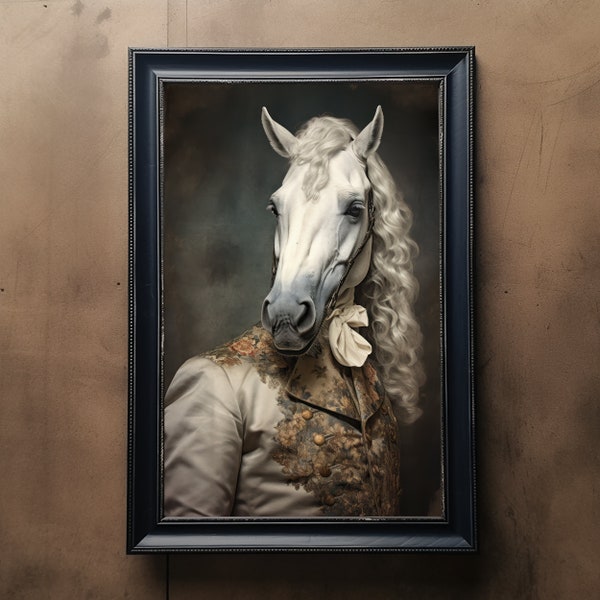 White and Grey Horse Vintage Portrait, Pet Painting, Renaissance Animal Portrait, Animal Head, Human Body Horse Poster, Horse Art Print.