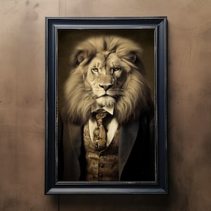 Lion Vintage Portrait, Royal Pet Painting, Renaissance Animal Portrait, Animal Head Human Body Animal Funny Animal Poster, Digital Art Print