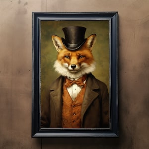 Retrato vintage de caballero zorro, pintura de mascota real, retrato de animal renacentista, cabeza de animal cuerpo humano cartel de animal divertido, impresión de arte