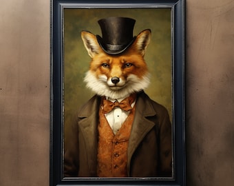 Gentleman Fox Vintage Portrait, Royal Pet Painting, Renaissance Animal Portrait, Animal Head Human Body Funny Animal Poster, Art Print