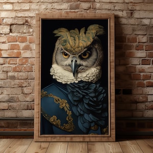 Owl Vintage Portrait, Pet Painting, Renaissance Bird Portrait, Animal Head, Human Body Regal Animal Poster, Digital Art Print