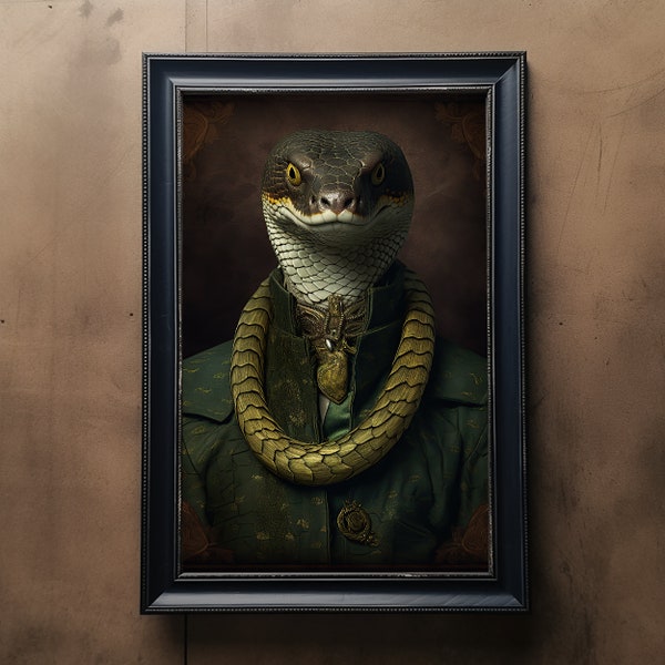 Snake Vintage Portrait, Pet Painting, Renaissance Animal Portrait, Animal Head, Human Body Funny Snake Poster, Reptile Digital Art Print