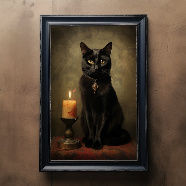 Black Cat Vintage Portrait, Pet Painting, Animal Portrait, Candle Art Gothic Cat, Halloween Digital Print, Unique Art Print