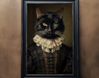 Black Cat Vintage Portrait, Pet Painting, Renaissance Animal Portrait, Animal Head, Human Body Funny Cat Poster, Digital Art Print