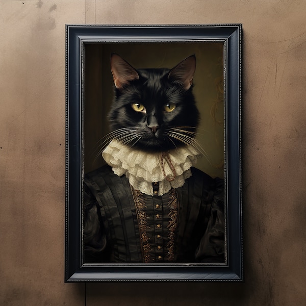 Schwarze Katze Vintage Portrait, Haustier Malerei, Renaissance Tierportrait, Tierkopf, menschlicher Körper lustige Katze Poster, Digital Art Print