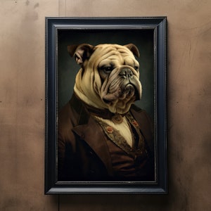 Bulldog Vintage Portrait, Pet Painting, Renaissance Animal Portrait, Animal Head, Human Body Funny Dogt Poster, Digital Art Print