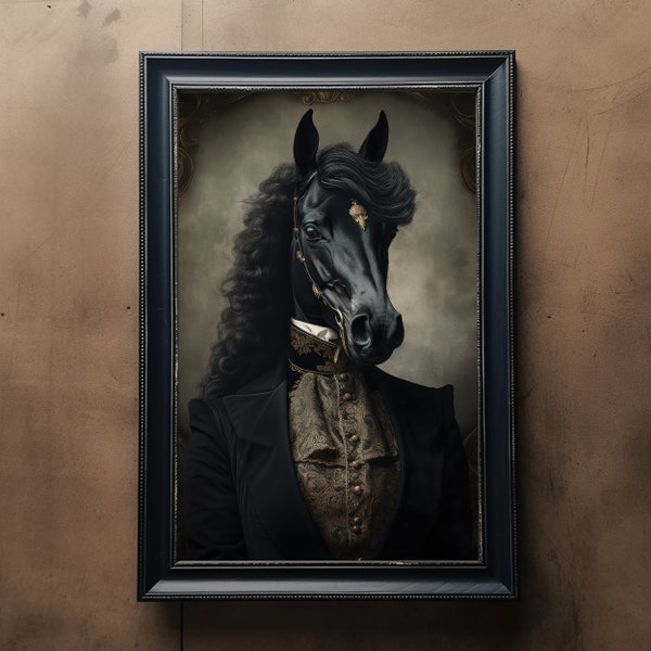 Black Horse Vintage Portrait, Pet Painting, Renaissance Animal Portrait, Animal Head, Human Body Horse Poster, Horse Unique Art Print.