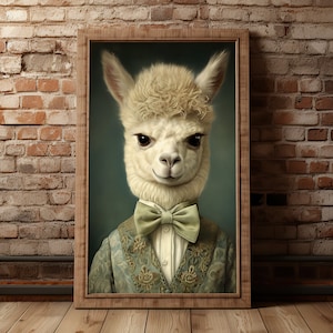 Puede incluir: Un retrato de una alpaca blanca con una pajarita verde y una chaqueta azul estampada. La alpaca mira directamente al espectador con una expresión seria.