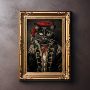 Christmas Black Cat Vintage Portrait, Pet Painting, Animal Portrait, Animal Head, Human Body Funny Cat Poster, Christmas Cat Art Print