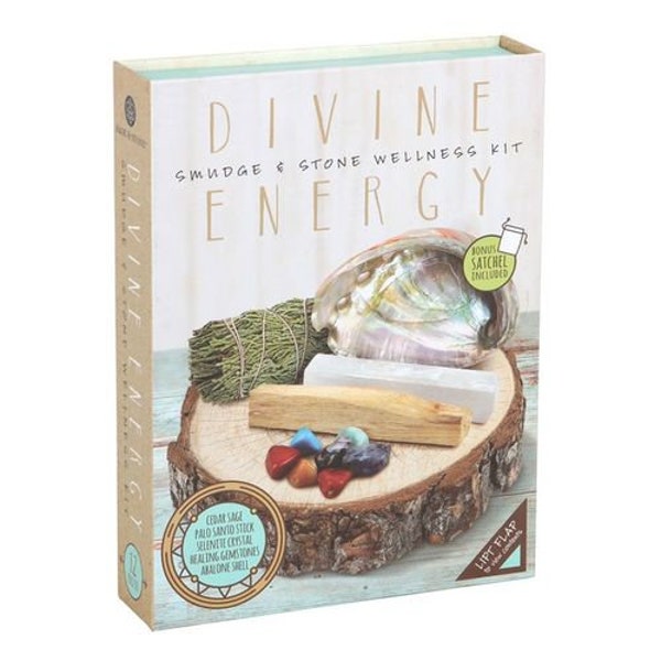 Divine Energy Smudge & Stone Wellness Kit - 7 Tumble stones, Cedar Sage Smudge Wand, Palo Santo Stick, Selenite Crystal Wand, Abalone Shell
