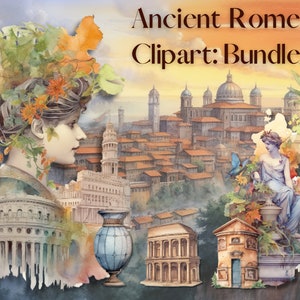 Oude Rome HD Clipart-bundel | Bevat: 10 personages, 5 gebouwen, 12 stickerpagina's met decoratie, 6 achtergronden | Transparant BG |