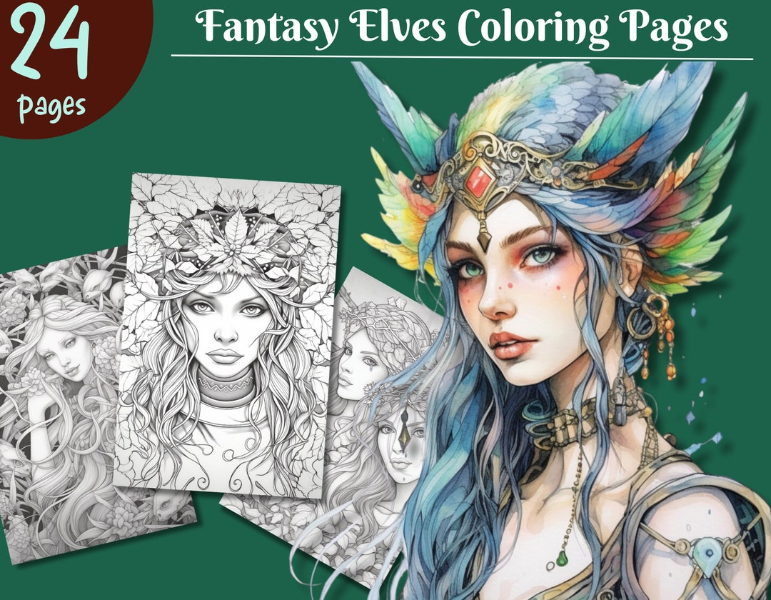 24 Fantasy Elves Coloring Pages Direct Digital Download Grayscale