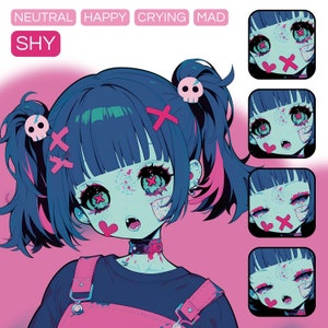 May include: A digital illustration of a girl with blue hair and pink highlights. She has a pink and white bandage on her cheek and a pink heart on her chin. She is wearing a black shirt with a white collar and a pink and black overall. The girl is looking at the viewer with a shy expression. The image is set against a pink background.