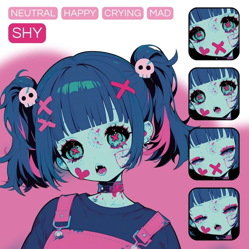 May include: A digital illustration of a girl with blue hair and pink highlights. She has a pink and white bandage on her cheek and a pink heart on her chin. She is wearing a black shirt with a white collar and a pink and black overall. The girl is looking at the viewer with a shy expression. The image is set against a pink background.