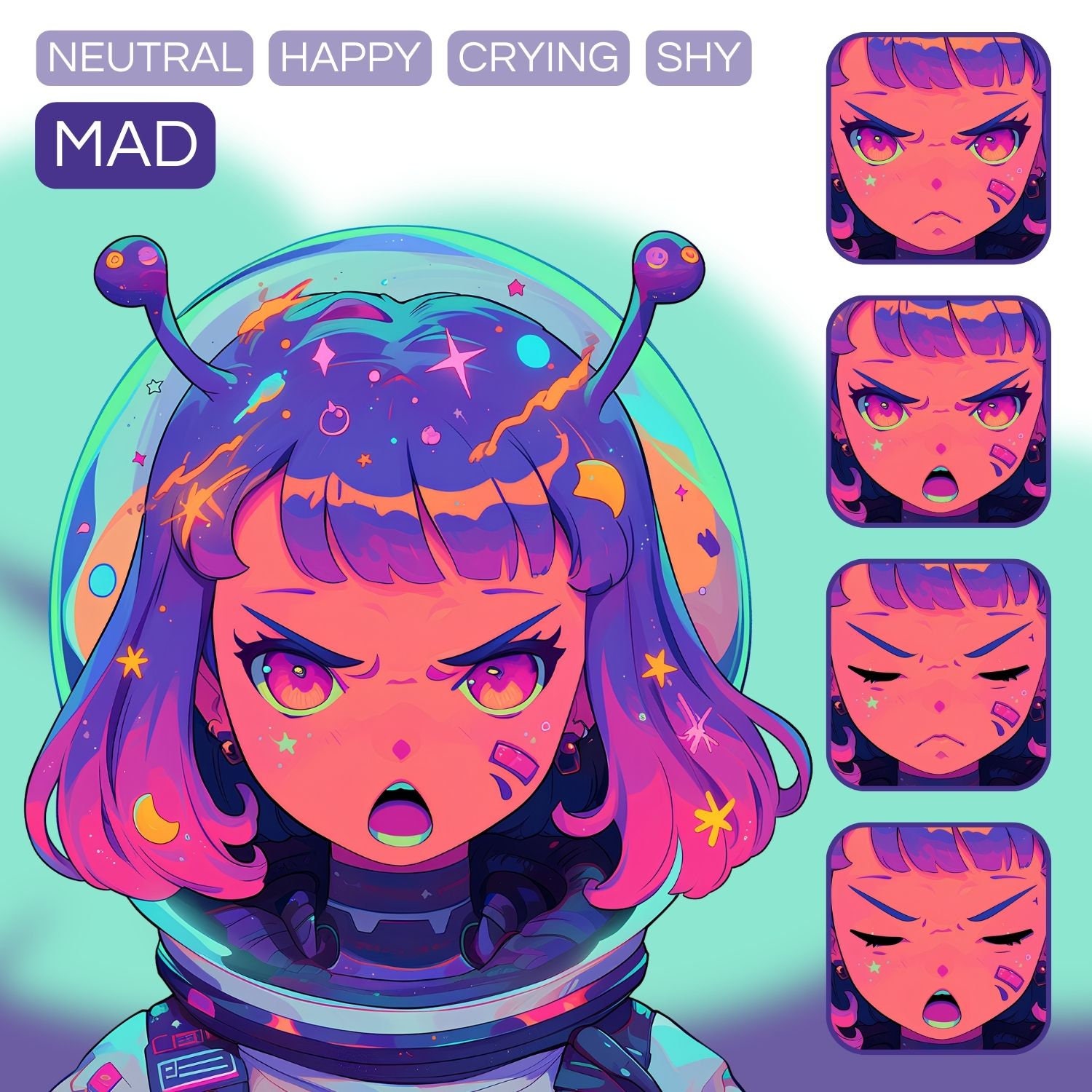 Chibi Alien Girl Pngtuber Model | 5 Emotions (instant Download) - Etsy
