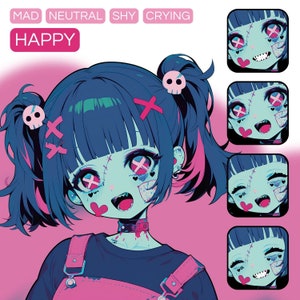 May include: A digital illustration of a cartoon girl with blue hair and pink highlights. She is wearing a black shirt with pink straps and has a pink and blue color scheme. The girl has stitches on her face and is smiling. The image is labeled "HAPPY" and has other labels for different emotions.