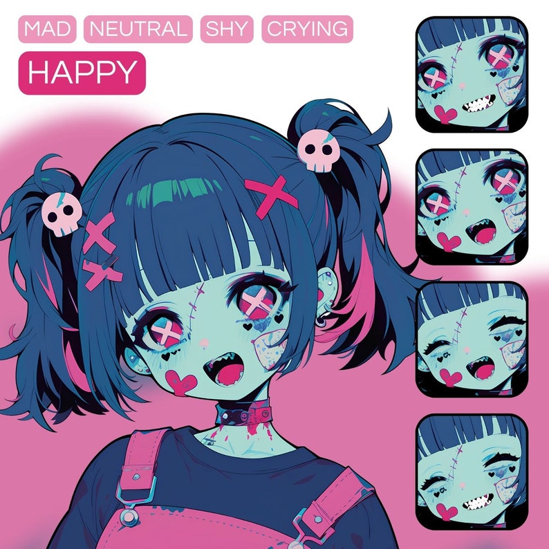 May include: A digital illustration of a cartoon girl with blue hair and pink highlights. She is wearing a black shirt with pink straps and has a pink and blue color scheme. The girl has stitches on her face and is smiling. The image is labeled "HAPPY" and has other labels for different emotions.