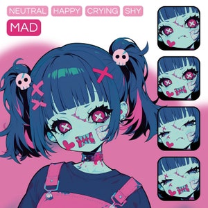May include: A digital illustration of a cartoon girl with blue hair and pink highlights. She is wearing a black shirt with a pink bib and has a stitched-up face with red hearts and X's. The image is labeled "MAD" and includes four additional images of the girl with different facial expressions: neutral, happy, crying, and shy.