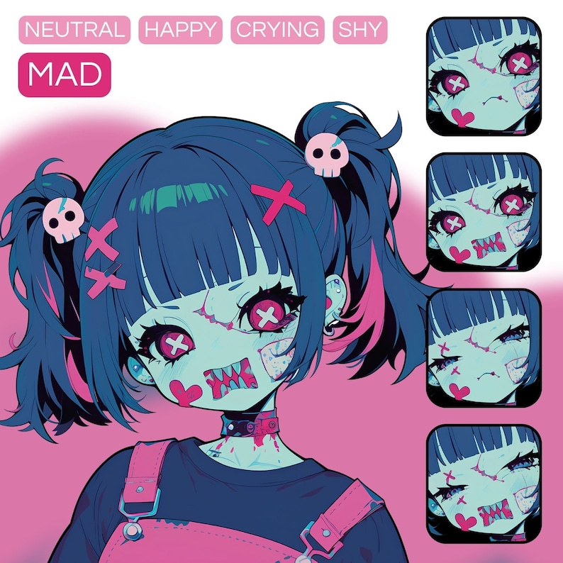 May include: A digital illustration of a cartoon girl with blue hair and pink highlights. She is wearing a black shirt with a pink bib and has a stitched-up face with red hearts and X's. The image is labeled "MAD" and includes four additional images of the girl with different facial expressions: neutral, happy, crying, and shy.