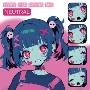 May include: A digital illustration of a cartoon girl with blue hair, pink highlights, and a stitched-up face. She is wearing a black shirt, pink overalls, and a choker necklace. The image includes the words "Happy", "Mad", "Crying", "Shy", and "Neutral".
