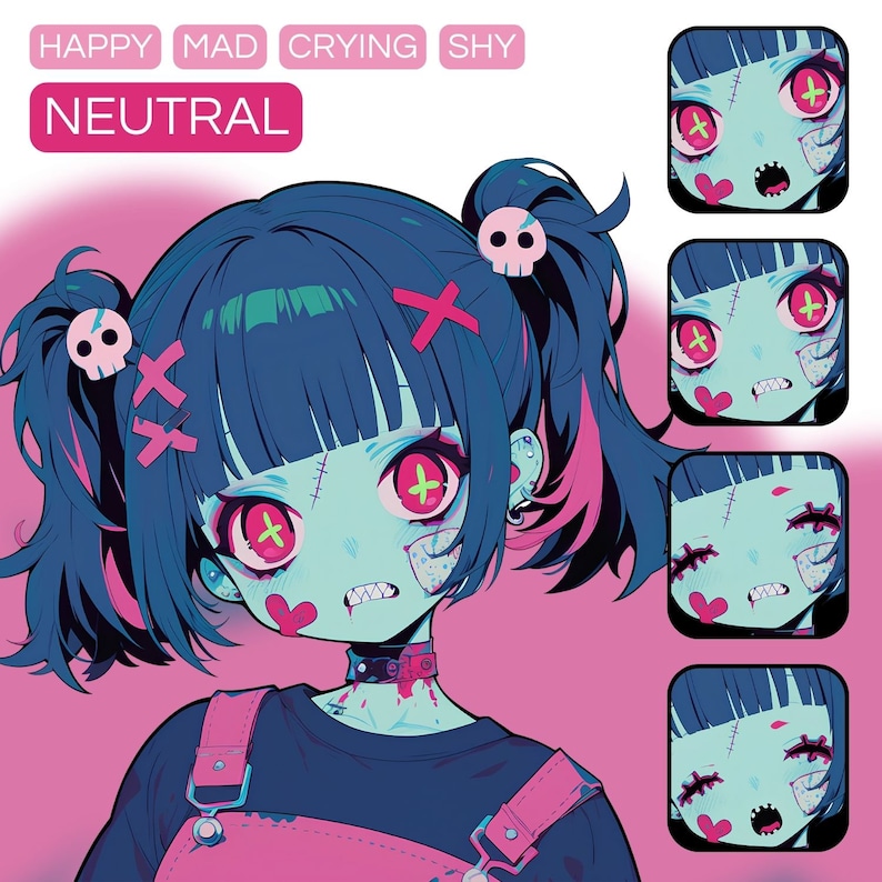 May include: A digital illustration of a cartoon girl with blue hair, pink highlights, and a stitched-up face. She is wearing a black shirt, pink overalls, and a choker necklace. The image includes the words "Happy", "Mad", "Crying", "Shy", and "Neutral".