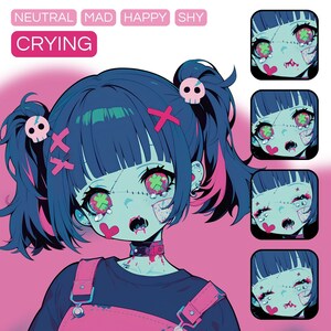 May include: A digital illustration of a cartoon girl with blue hair, pink highlights, and green eyes. She is wearing a black shirt, pink overalls, and a choker with a skull charm. She has stitches on her face and is crying. The image includes the text "CRYING" and a series of other emotions: "NEUTRAL", "MAD", "HAPPY", and "SHY".