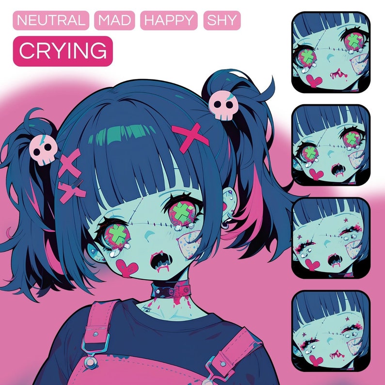 May include: A digital illustration of a cartoon girl with blue hair, pink highlights, and green eyes. She is wearing a black shirt, pink overalls, and a choker with a skull charm. She has stitches on her face and is crying. The image includes the text "CRYING" and a series of other emotions: "NEUTRAL", "MAD", "HAPPY", and "SHY".