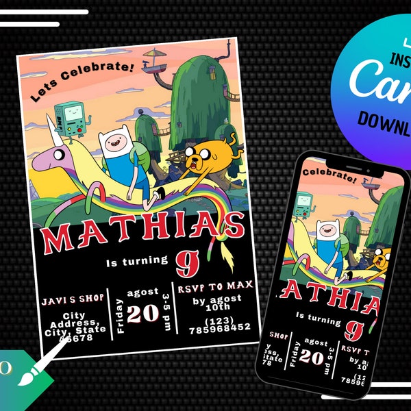 ADVENTURE TIME Electronic Invitation / e Card / digital whatsapp / Digital editable in CANVA / Birthday supplies / Printable invite