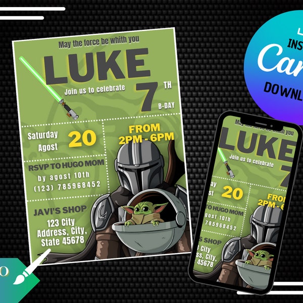 BABY Yoda Electronic Invitation / e CARD / digital whatsapp / Digital editable in CANVA / Birthday supplies / Printable invite