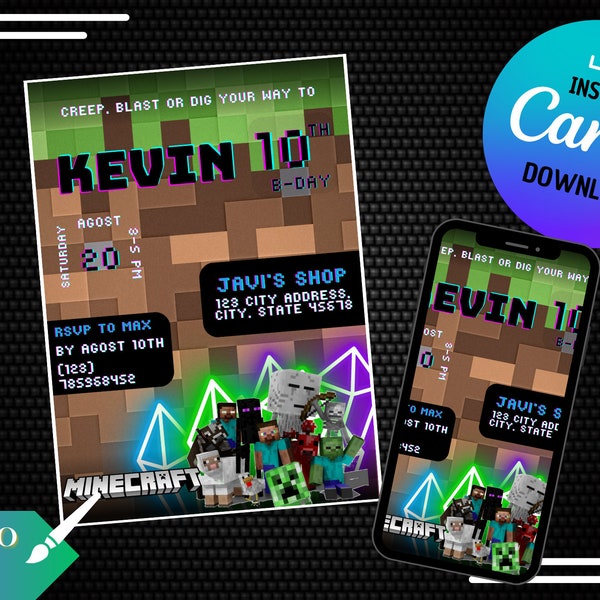 MINECFRAT'S Electronic Invitation / e CARD / digital whatsapp / Digital editable in CANVA / Birthday supplies / Printable invite