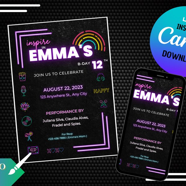 NEON'S Electronic Invitation/ eCARD/ digital whatsapp/ Digital editable in CANVA/ Birthday supplies/ Printable invite/ Invitation digital