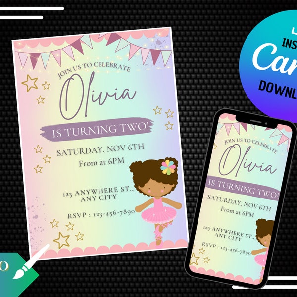 BALERINA'S Electronic Invitation / e CARD / digital whatsapp / Digital editable in CANVA / Birthday supplies / Printable invite