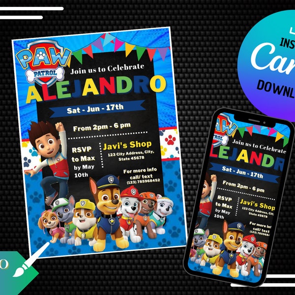 PAWPATROL'S Electronic Invitation / e CARD / digital whatsapp / Digital editable in CANVA / Birthday supplies / Printable invite