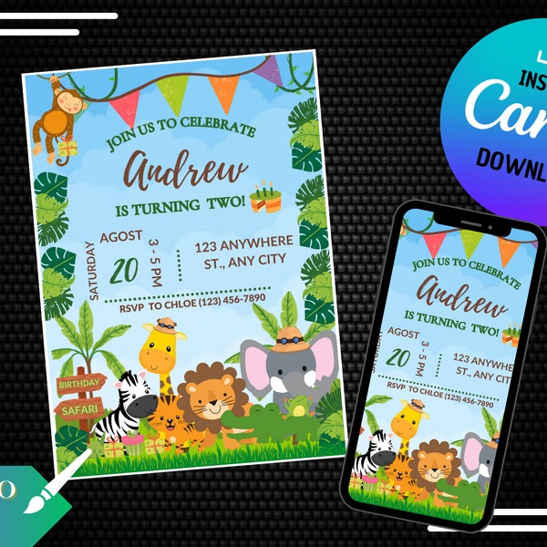 SAFARI'S Electronic Invitation / e CARD / digital whatsapp / Digital editable in CANVA / Birthday supplies / Printable invite