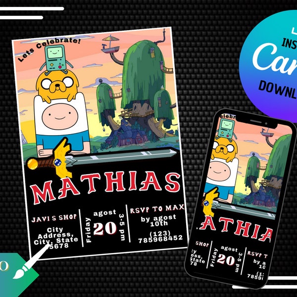 ADVENTURE TIME 2 Electronic Invitation / e Card / digital whatsapp / Digital editable in CANVA / Birthday supplies / Printable invite