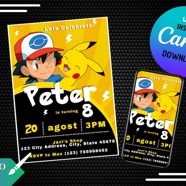 ASH & PIKACHU Electronic Invitation / e Card / digital whatsapp / Digital editable in CANVA / Birthday supplies / Printable invite