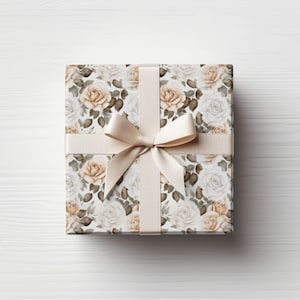 White Floral Gift Wrap Floral Wrapping Paper Wedding Gift Wrap Rose Wrapping Paper 24x60 Roll image 1